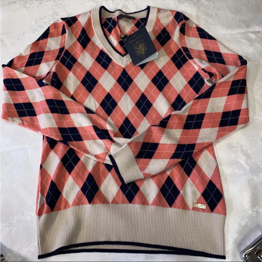 Brooks Brothers NWT SZ S PINK BLUE IVORY Argyle GOLF Sweater Saxon Wool
